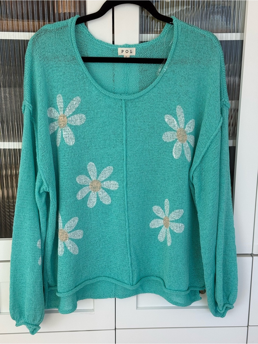 POL Aqua Daisy Scoop Neck Sweater